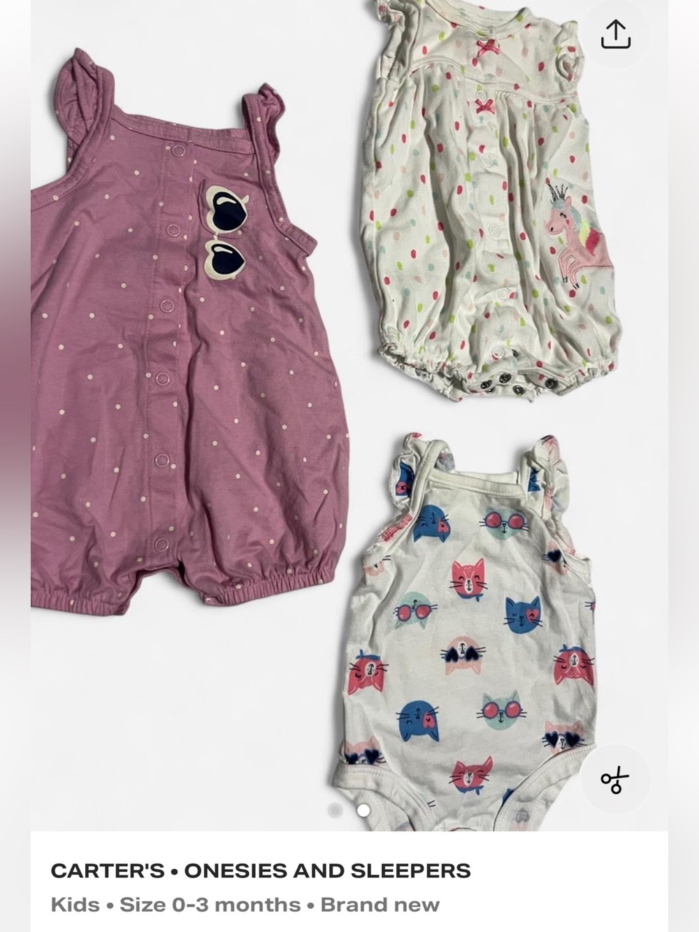 New Carter's Mauve Polka Dot Romper with Sunglasses Patch 0-3M 3 piece set